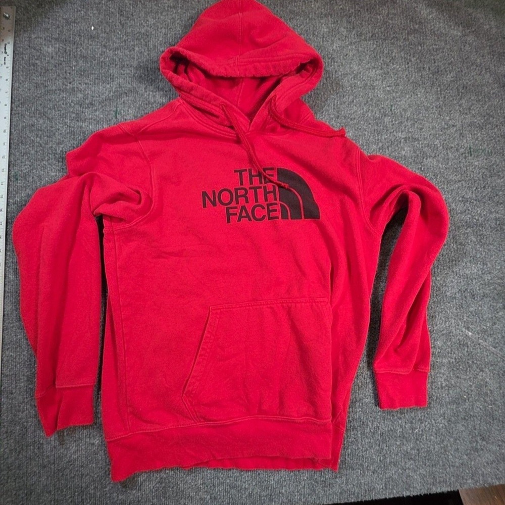 The North Face Hoodie Mens Medium Red Pullover Fleece Sweatshirt Big Logo Front